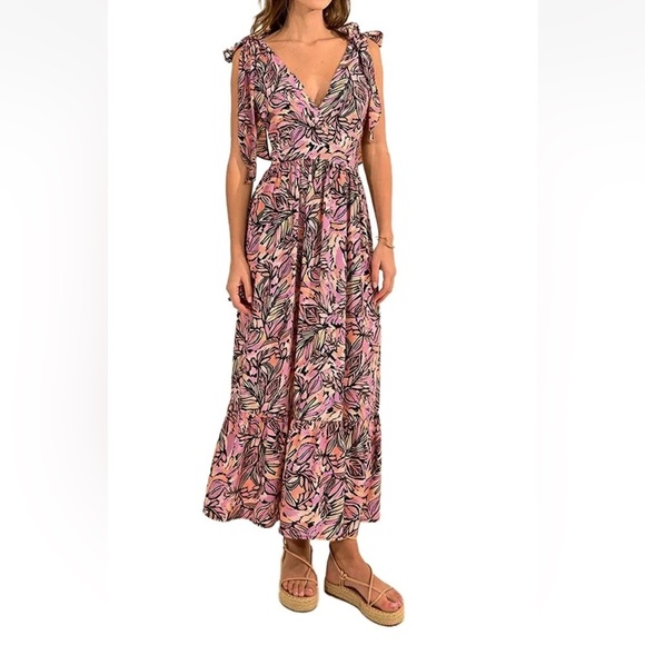 Molly Bracken Dresses & Skirts - NWOT Molly Bracken Pink Palm Print Tie Sleeve Deep V-Neck Maxi Dress Size Small